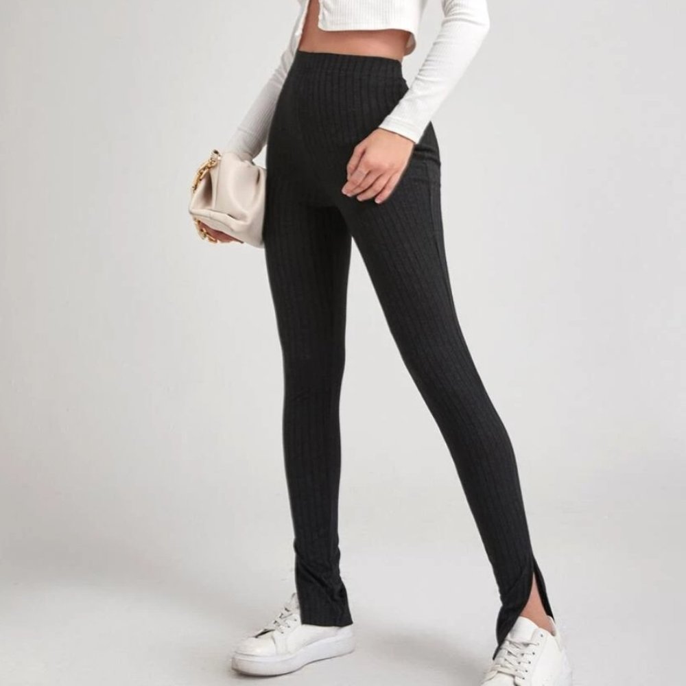 Split Hem Rib-knit Fitted Pants